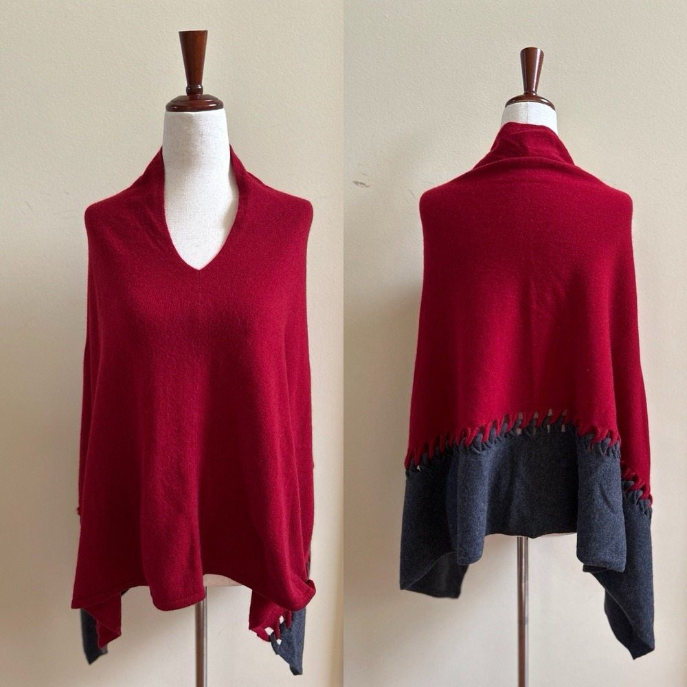 NWT KINROSS CASHMERE Twist Stitch Poncho Red Gray V-Neck Cape Colorblock OS